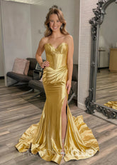 Daphne |Long Gold Prom Dress Satin With Mermaid Sweetheart Pleated Slit - Gold - PromDressClub